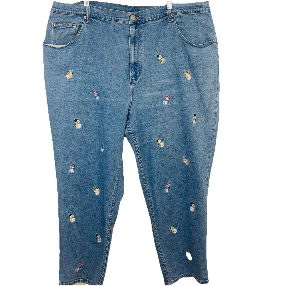 Quacker Factory Holiday Jeans Embroidered Snowmen 28W Blue Stretch Winter Xmas